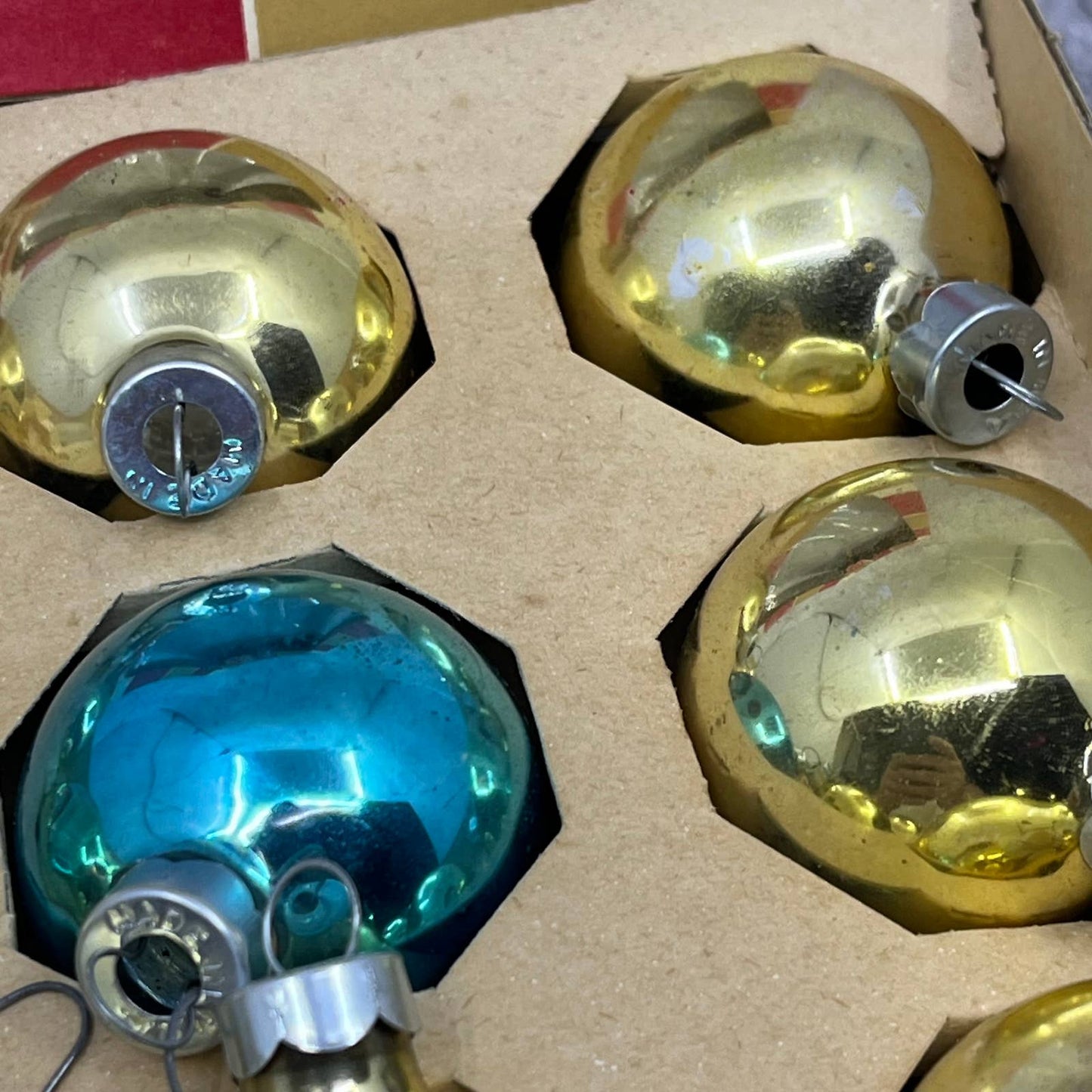 Coby 12 Vintage 1 3/4" Mercury Glass Ornaments Original Box Blue Gold OT1