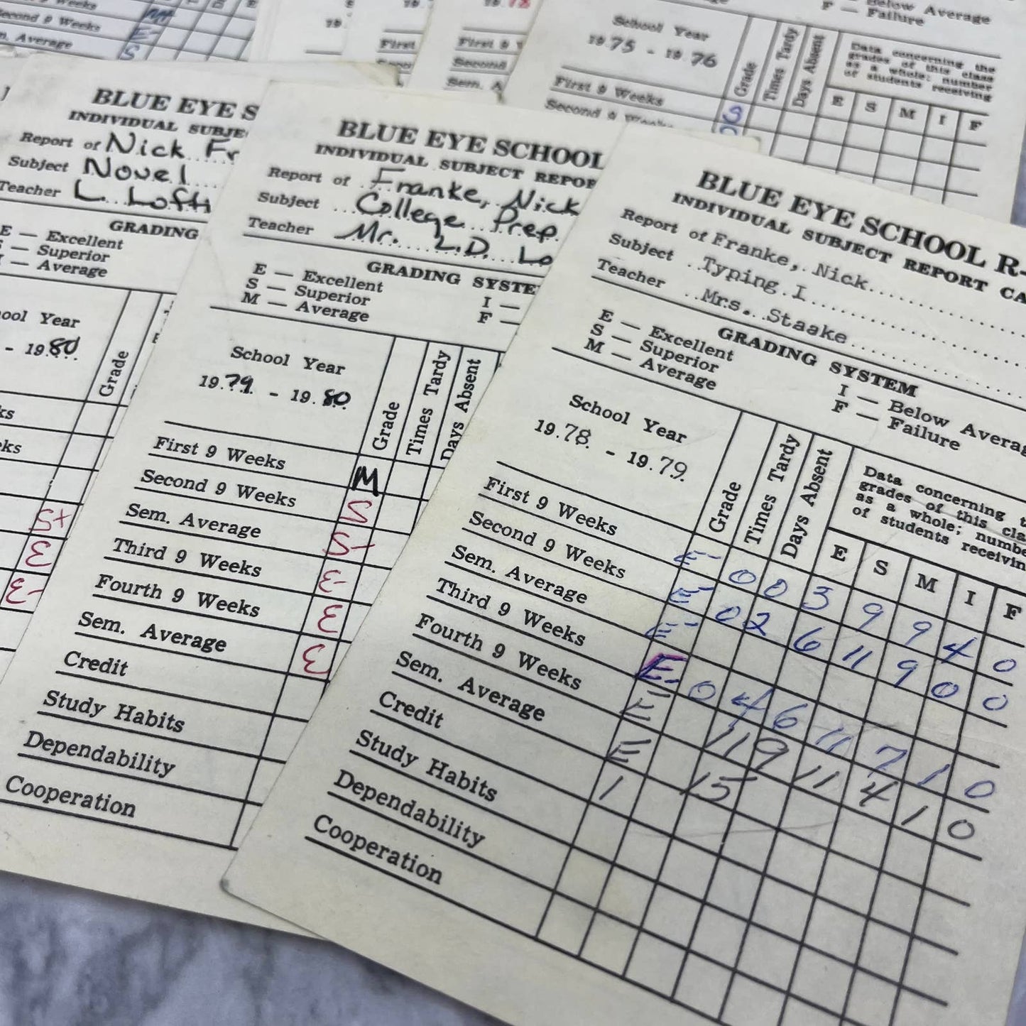 1973-80 Report Card Lot Nick Franke Blue Eye School MO EA4