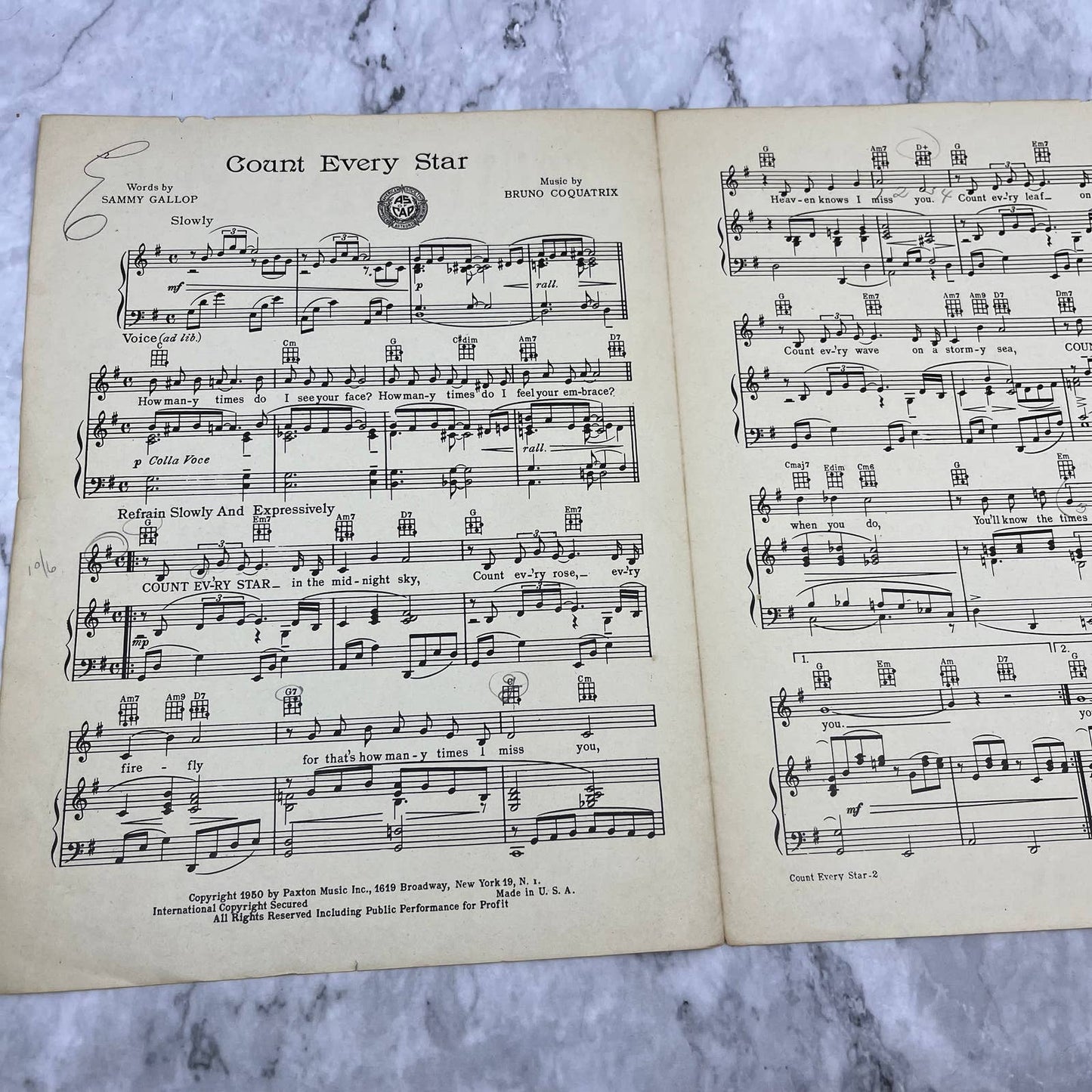 Vintage 1950 Count Every Star Paxton Music Sammy Gallop Bruno Sheet Music TH5