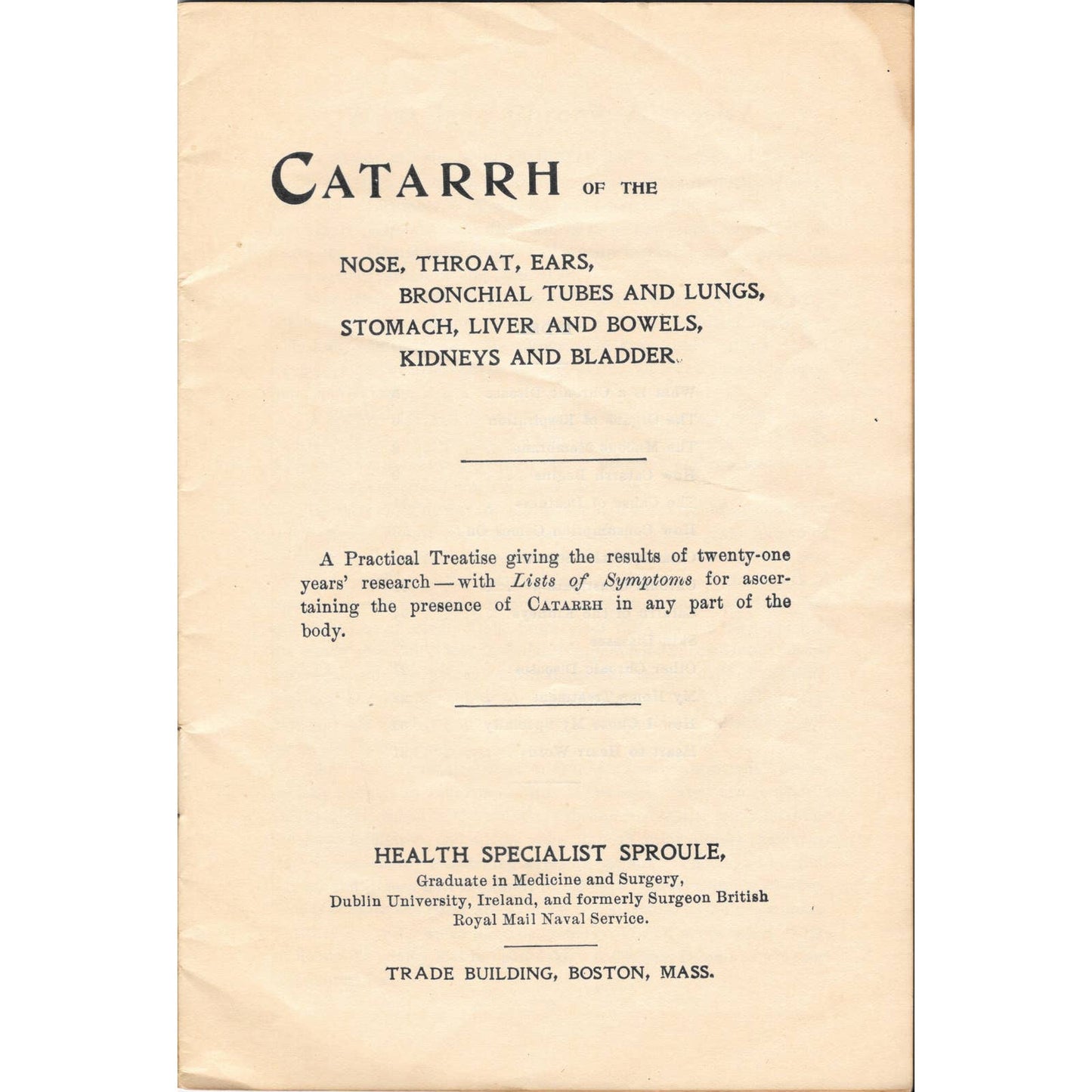 c1900 Original Booklet - Catarrh ITS ORIGIN ITS DANGERS ITS CURE Sproule TJ7