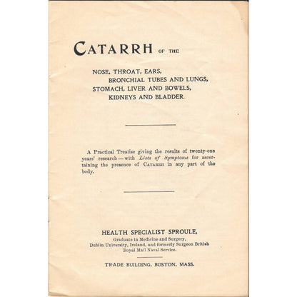 c1900 Original Booklet - Catarrh ITS ORIGIN ITS DANGERS ITS CURE Sproule TJ7