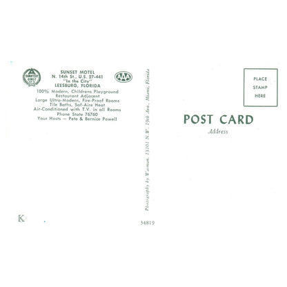 Vintage Postcard - Sunset Motel AAA Leesburg Florida TJ6-1