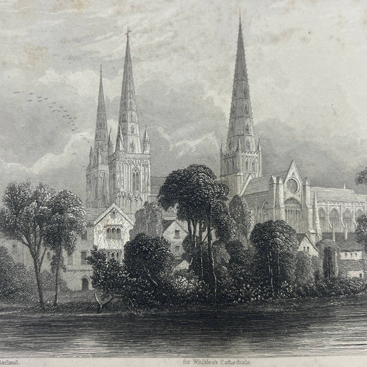 1842 Original Art Engraving Lichfield Cathedral South West View AC6