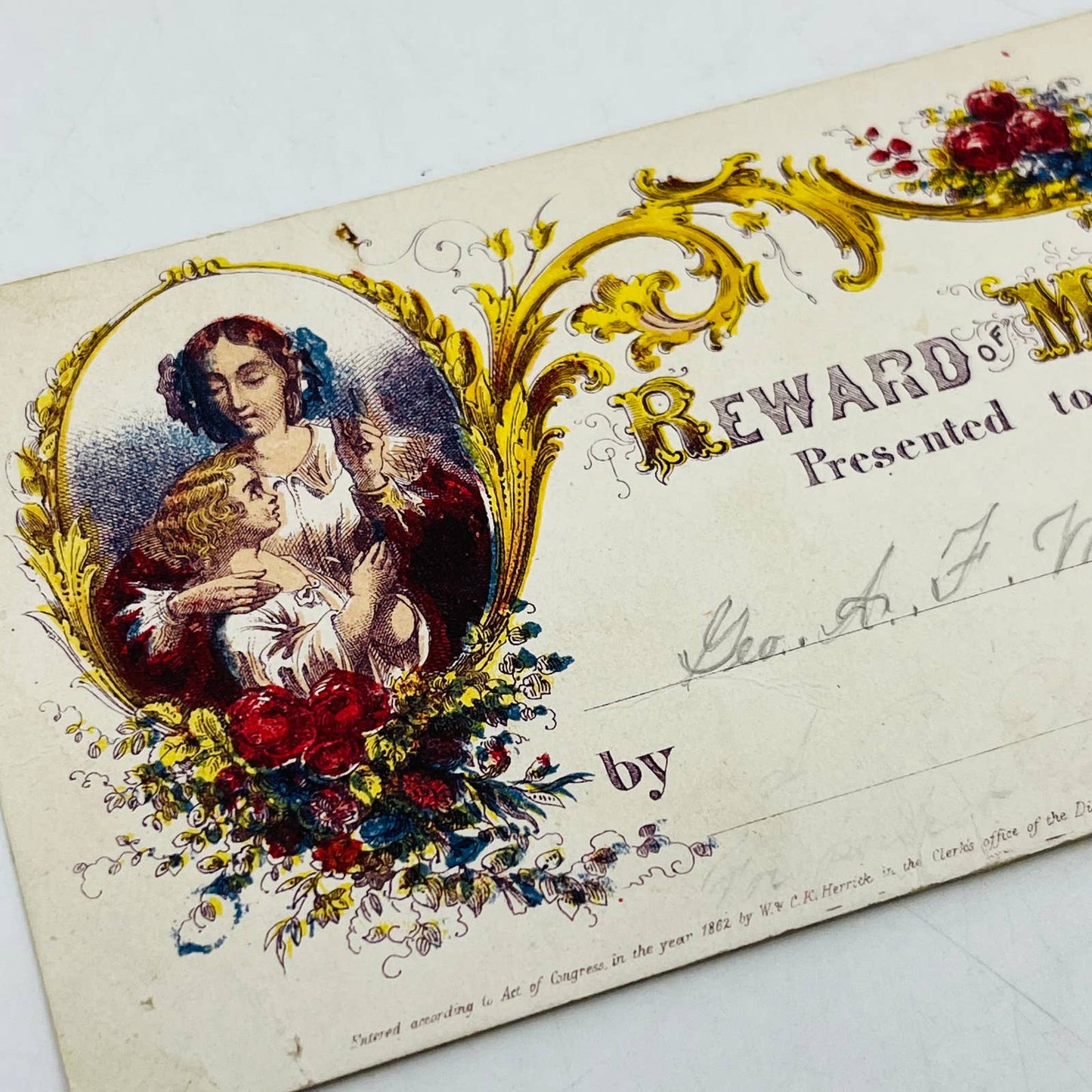 1862 Civil War Era Reward of Merit Award Card Teacher and Student AA2