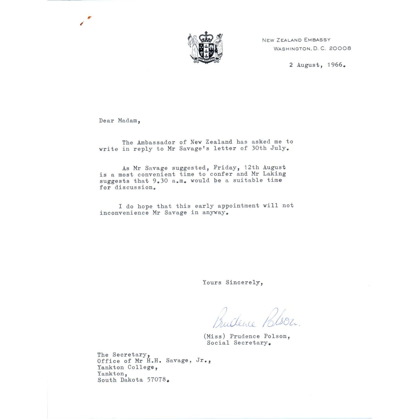 The New Zealand Embassy Official Letterhead Memo Prudence Polson 1966 TK1-P10