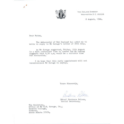 The New Zealand Embassy Official Letterhead Memo Prudence Polson 1966 TK1-P10