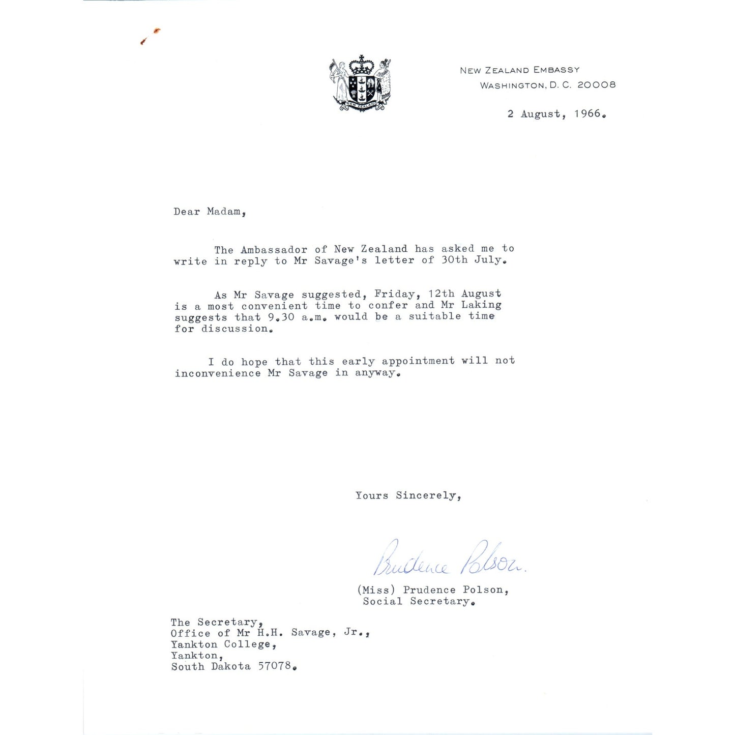 The New Zealand Embassy Official Letterhead Memo Prudence Polson 1966 B9