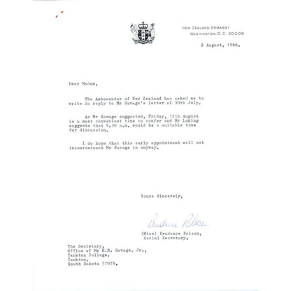 The New Zealand Embassy Official Letterhead Memo Prudence Polson 1966 B9