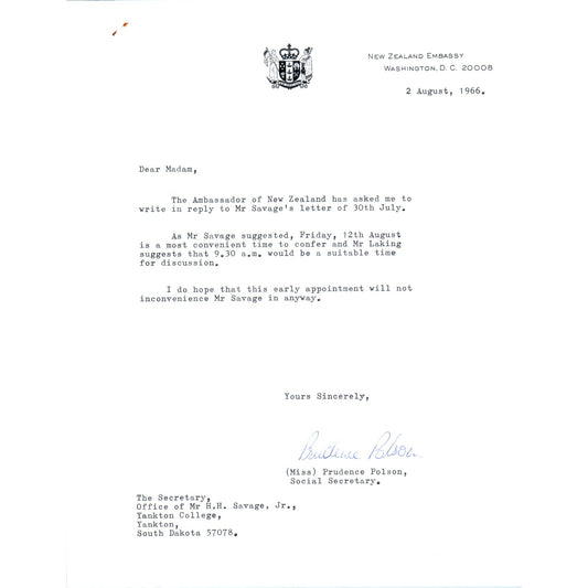 The New Zealand Embassy Official Letterhead Memo Prudence Polson 1966 B9