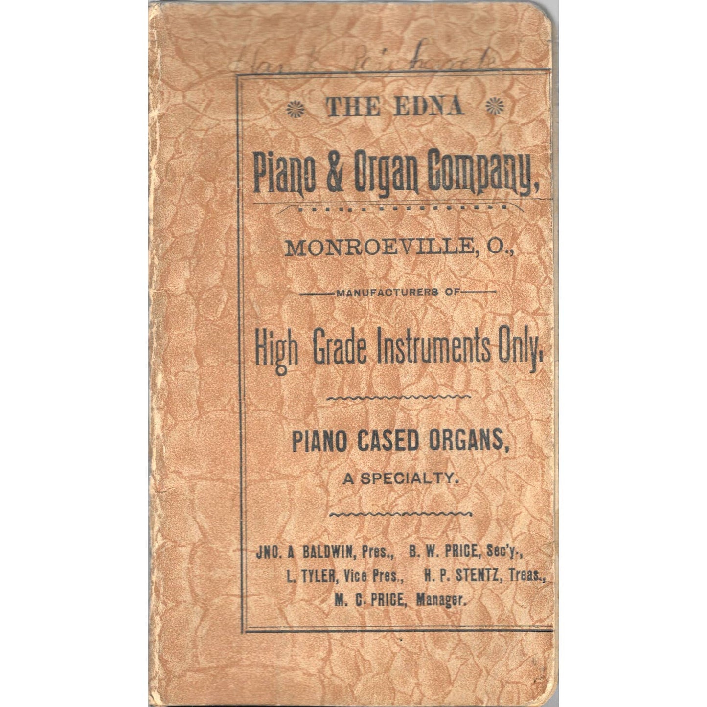 1890s The Edna Piano & Organ Company Advertising Pocket Book Monroeville OH TJ7