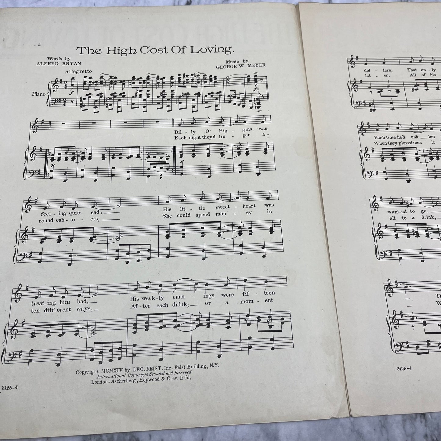 1914 Sheet Music-The High Cost of Loving- George W. Meyer Emma Carus V39-4