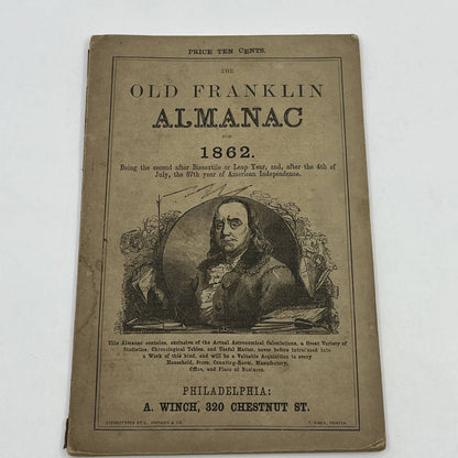 1862 Civil War The Old Franklin Almanac for 1862 A. Winch Philadelphia No. 3 TG6