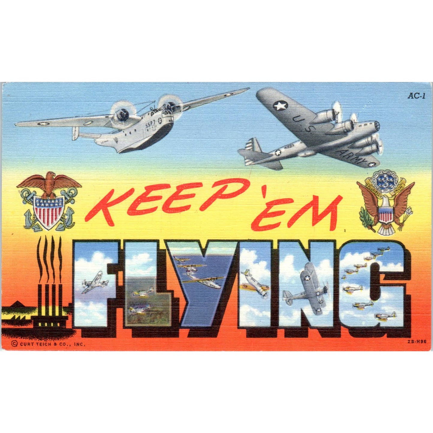 1940s Keep 'Em Flying WW2 Army Air Corps Military Planes Postcard TK1-26