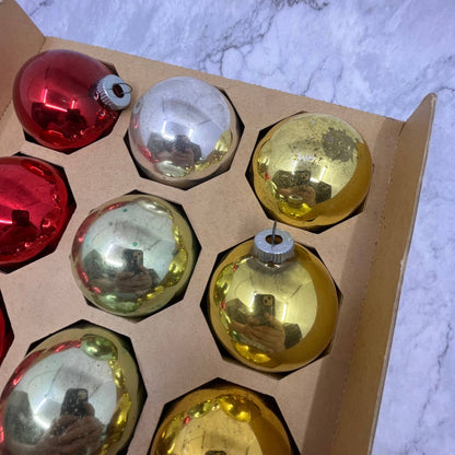 Shiny Brite 12 Vintage Mercury Glass Ornaments w/ Original Box Red Yellow Green