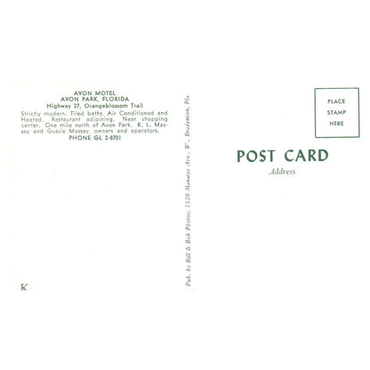 Vintage Postcard - Avon Motel Avon Park Perry Florida AD9