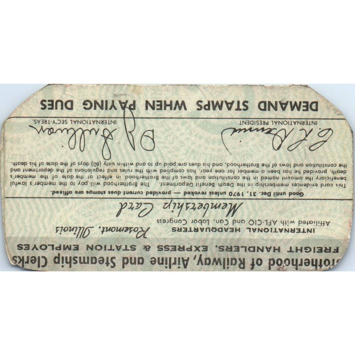 1970 Brotherhood of Railway, Airline and Steamship Clerks Membership Card SE5