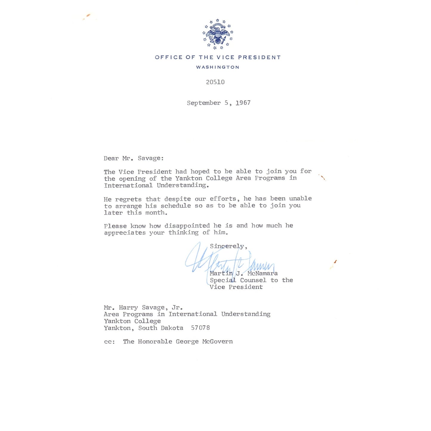 Vice President Official Letterhead Signed Martin J. McNamara Sep 5 1967 B11