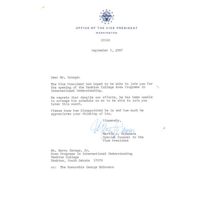 Vice President Official Letterhead Signed Martin J. McNamara Sep 5 1967 B11