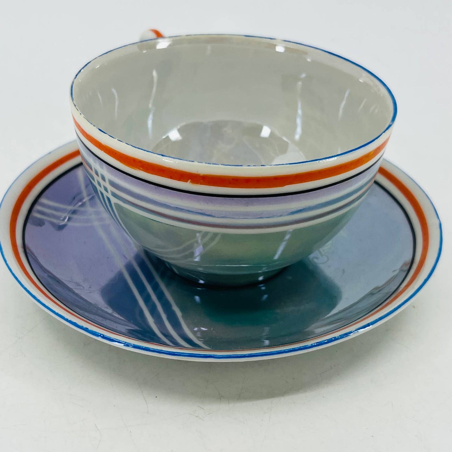 Vtg RARE Japanese Iridescent Opal Lusterware Blue Stripe Cup and Saucer Set TC4