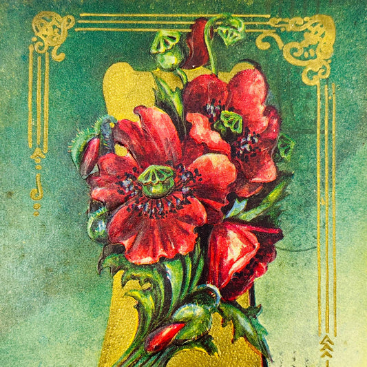 1910s Birthday Post Card WINSCH Back Art Deco Embossed Poppies Dresden PA5