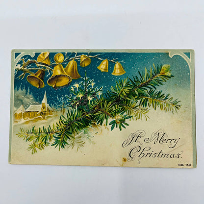 1910s Christmas Post Card Embossed Mica Church Bells Pine Bough Snowy Starry PA4