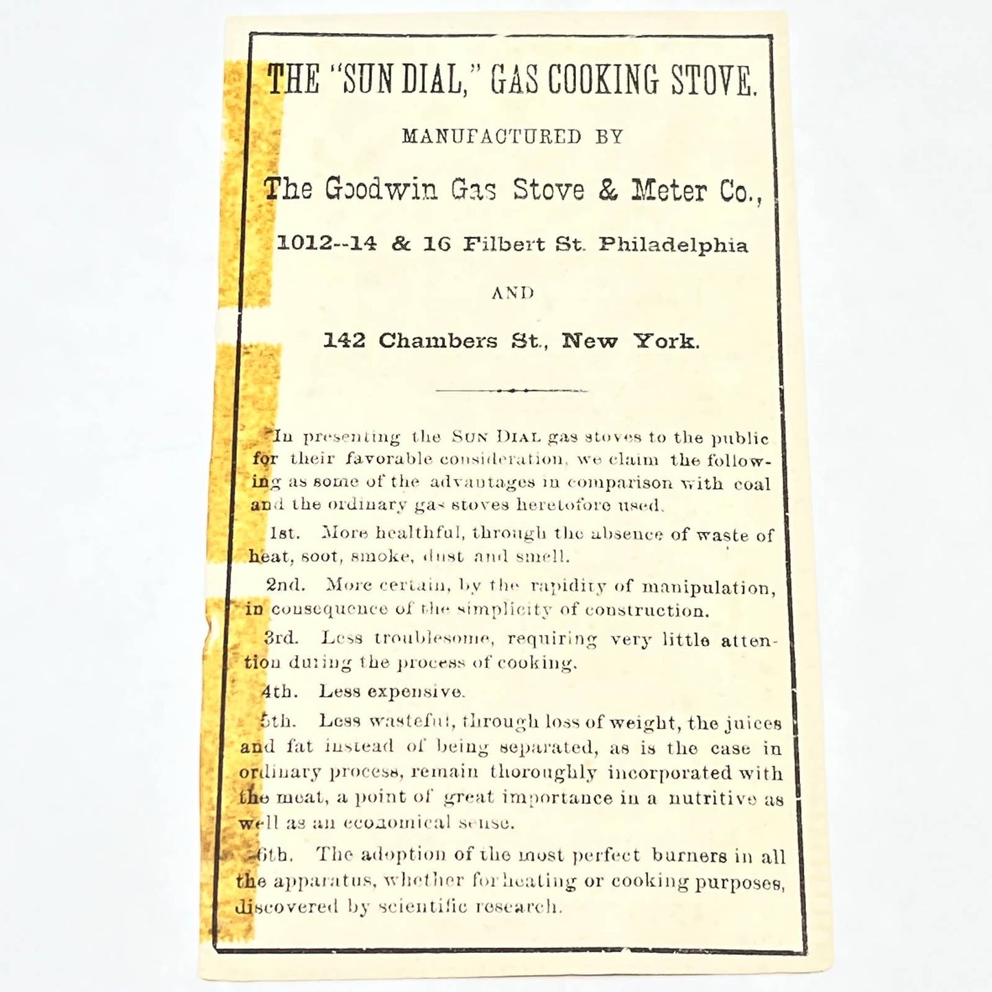 1880s Trade Card Sun Dial Gas Cooking Stove Wm. W. Goodwin & Co Philadelphia AB6