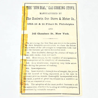 1880s Trade Card Sun Dial Gas Cooking Stove Wm. W. Goodwin & Co Philadelphia AB6