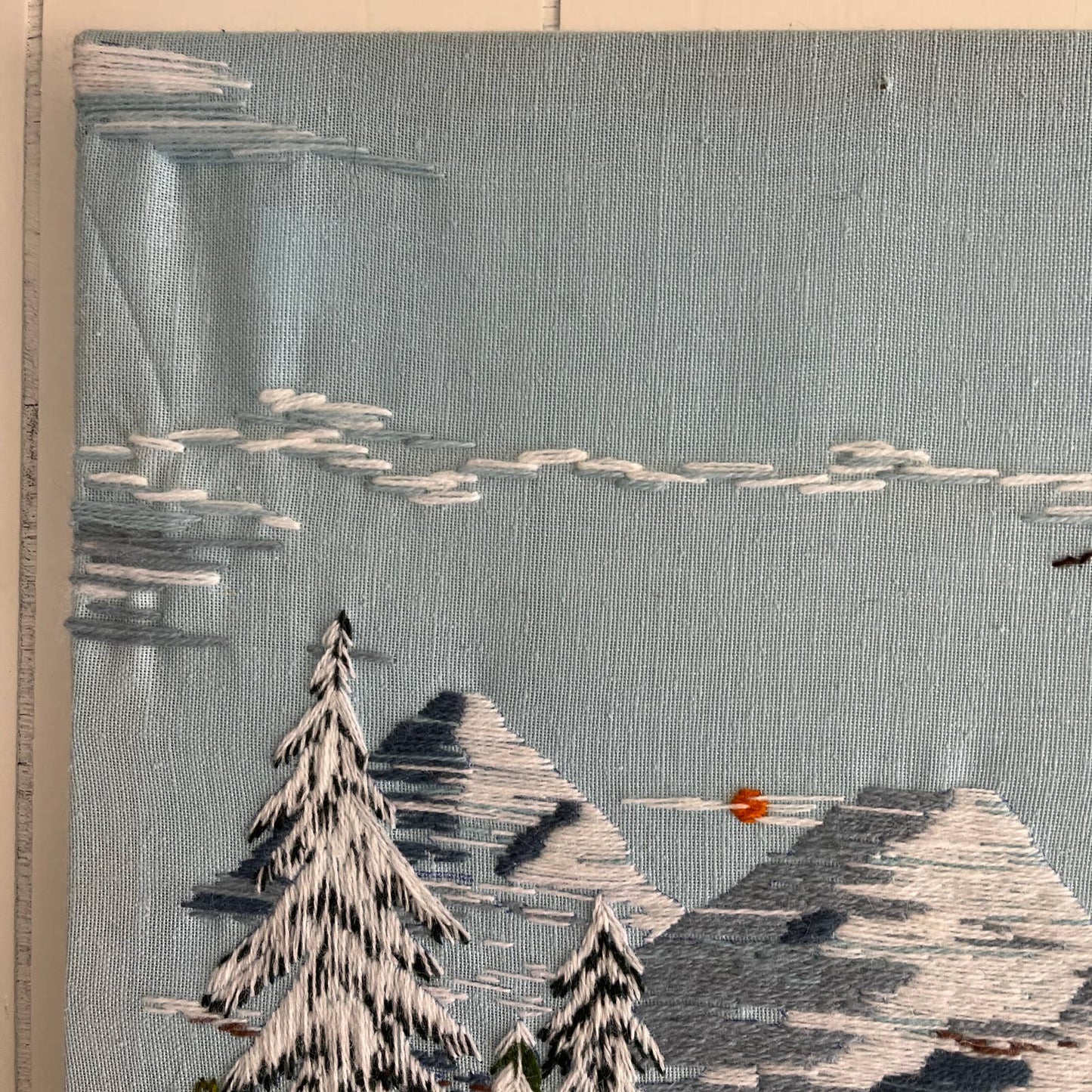 Vintage Embroidery Crewel Wall Art Winter Ski Chalet Mountains Snow 23x17"