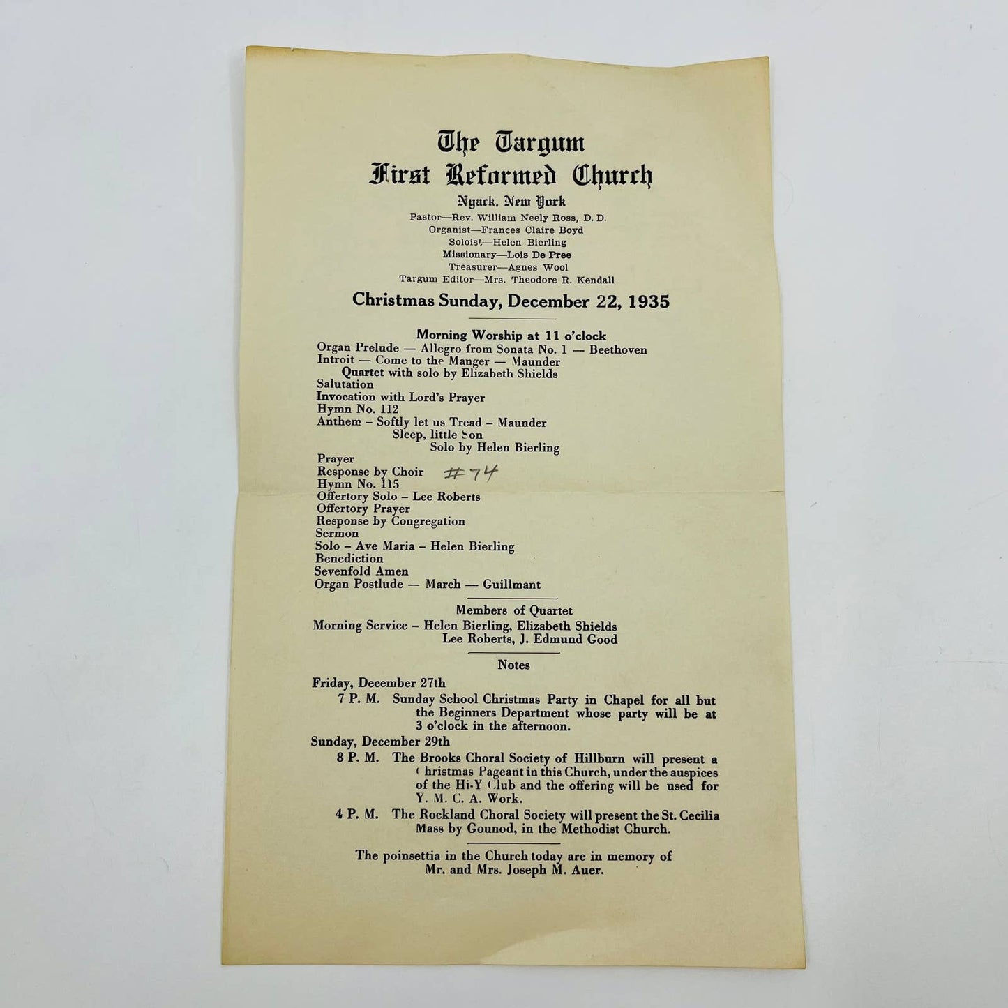 1935 The Targum First Reform Church Nyack NY Christmas Program Wm Neely Ross D5