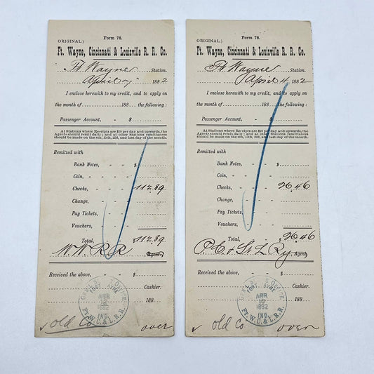 1882 Ft. Wayne, Cincinnati & Louisville RR Co Receipt Ft Wayne Station x2 AB2-2