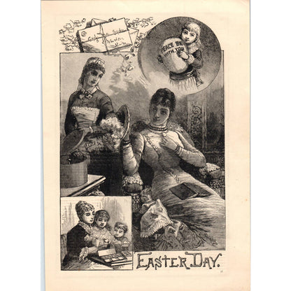 1885 Engraving Easter Day Victorian Women and Children Giant Egg 7.75x11" AD4