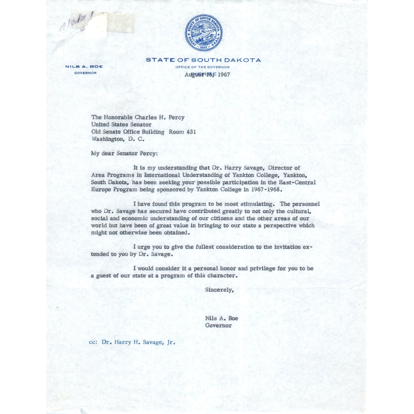 Official South Dakota Governor Letterhead Signed Nils A. Boe Aug 1967 B15