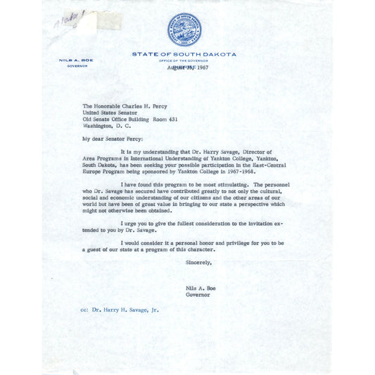 Official South Dakota Governor Letterhead Signed Nils A. Boe Aug 1967 B15
