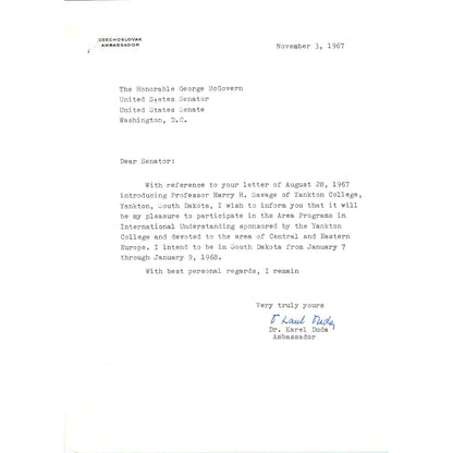 Czechoslovak Ambassador Karel Duda Memo to George McGovern 1967 TK1-GM