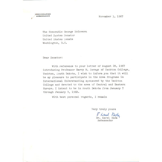 Czechoslovak Ambassador Karel Duda Memo to George McGovern 1967 TK1-GM