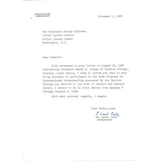 Czechoslovak Ambassador Karel Duda Memo to George McGovern 1967 B12