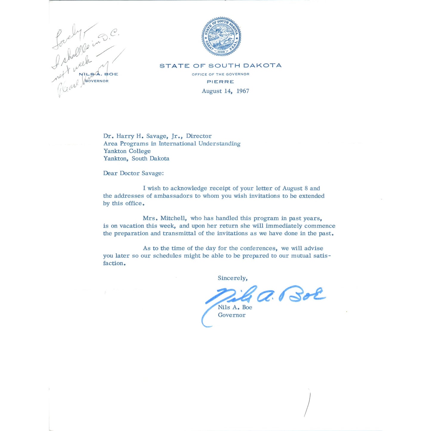 Official South Dakota Governor Letterhead Signed Nils A. Boe Aug 14 1967 B15
