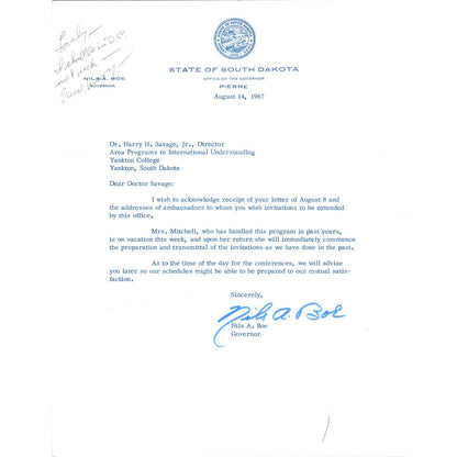 Official South Dakota Governor Letterhead Signed Nils A. Boe Aug 14 1967 B15