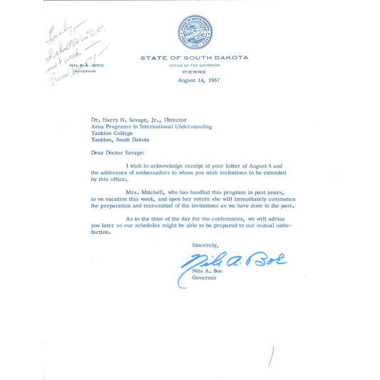 Official South Dakota Governor Letterhead Signed Nils A. Boe Aug 14 1967 B15