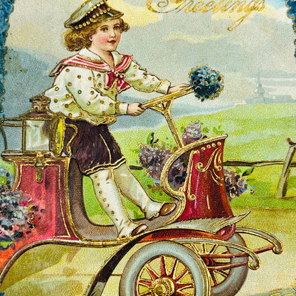 1910s Birthday Card Art Nouveau Dresden Gilt Embossed Boy EARLY AUTOMOBILE PA5