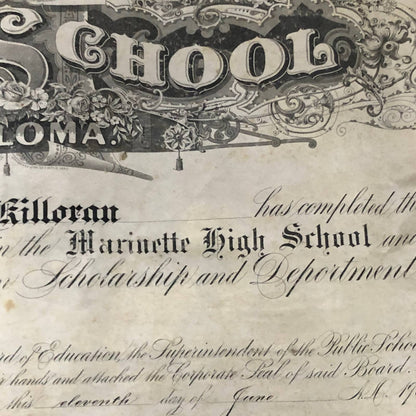 1903 Marinette High School Diploma Lithograph Ira A. Killoran Wisconsin RU1