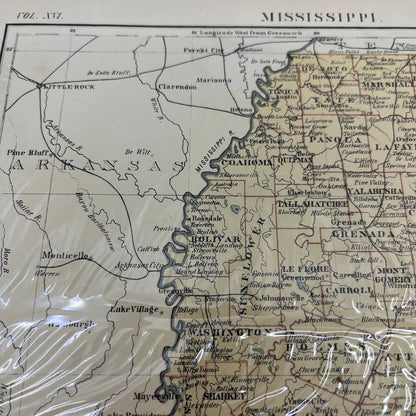 1884 Engraved Tinted Map of Mississippi 10 x 13" TC7