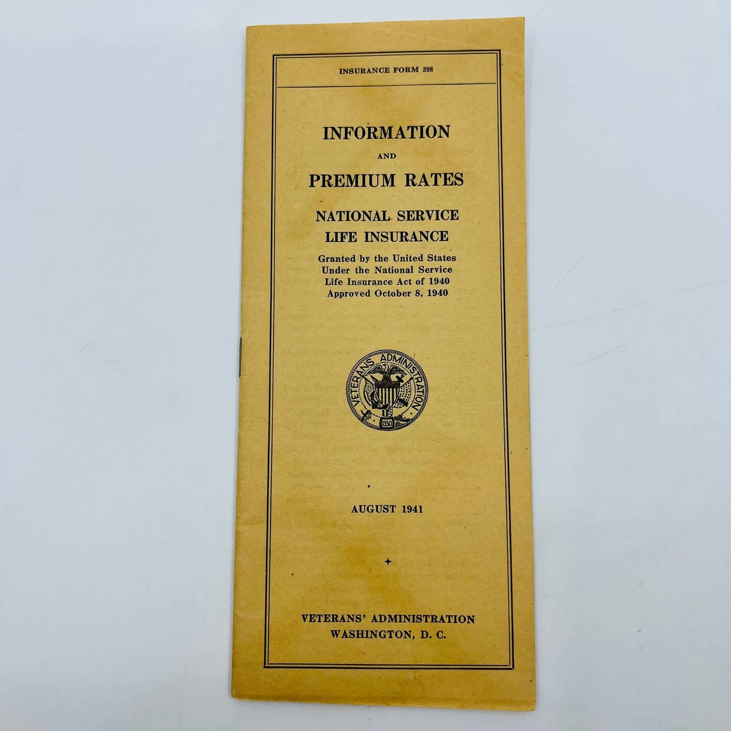 1941 WWII Era VA Information and Premium Rates Life Insurance Booklet 398 C9