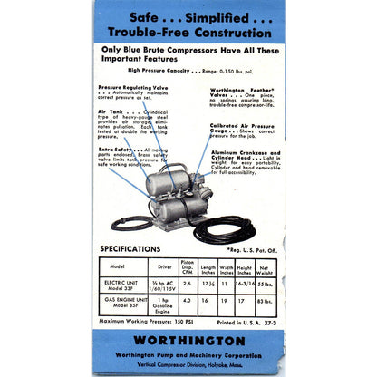 1940s Blue Brute Portable Air Compressor Advertising Brochure Worthington SE5