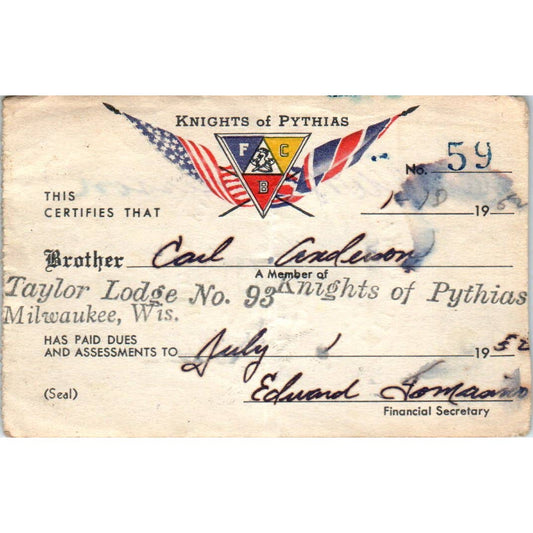 1952 Taylor Lodge 93 Knights of Pythias Membership Card Carl W.K. Anderson SE5
