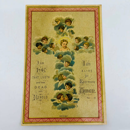 1880s Victorian Holy Prayer Card Revelations 1:18 Angels Cherubs AA3