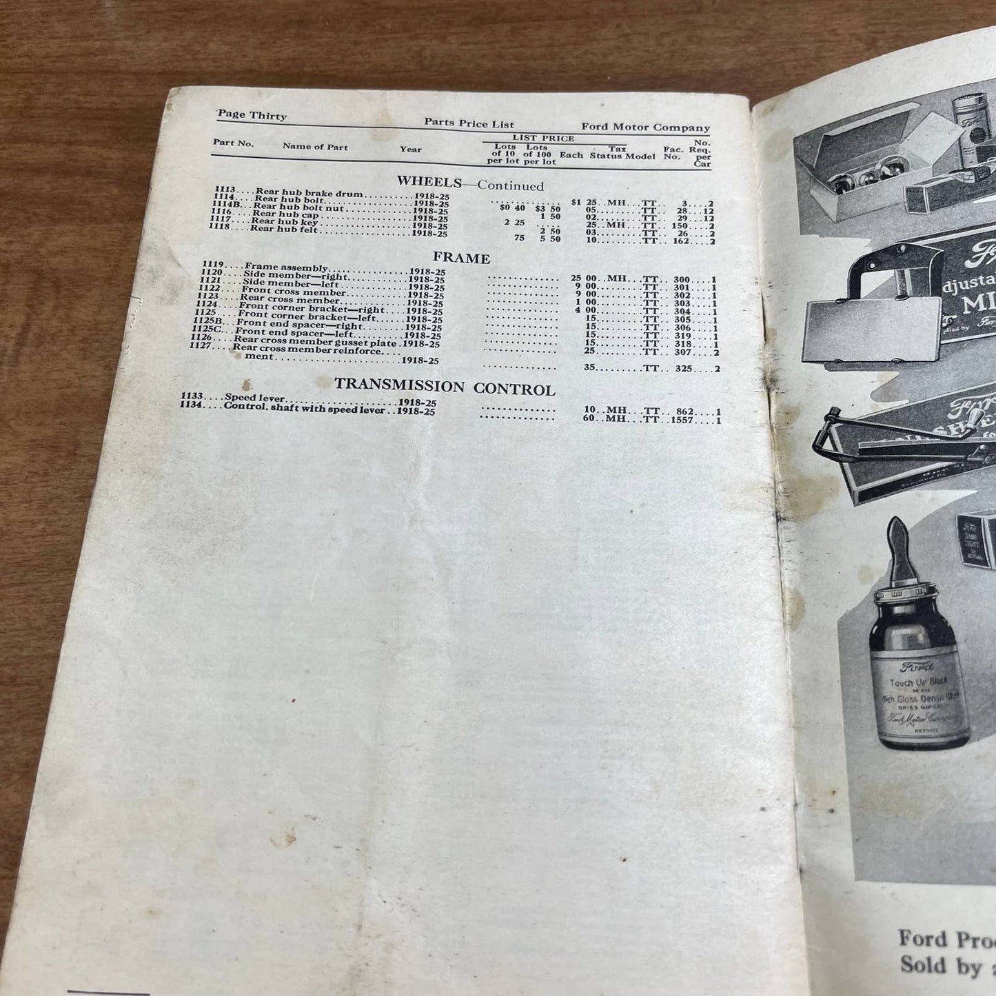 1925 Ford Model "T" Wholesale Price List of Parts Catalog Ford Motor Company A10