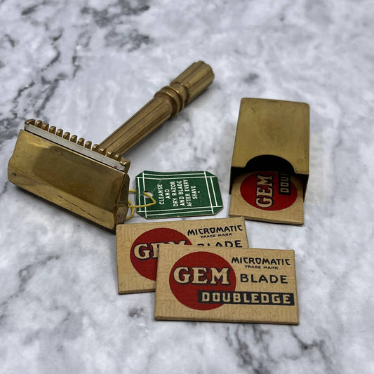 1930s Brass GEM Micromatic Single Edge Safety Razor w/ Blades NEW WITH TAGS SE9