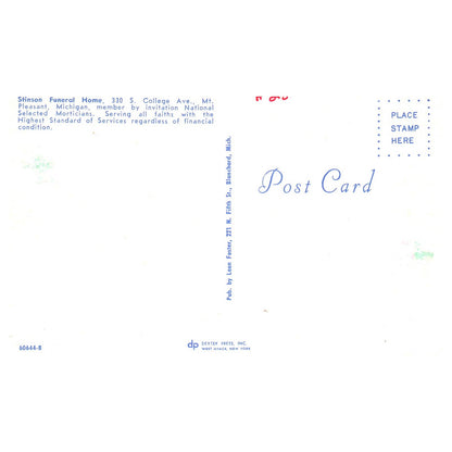 Vintage Postcard - Stinson Funeral Home Mt. Pleasant Michigan TJ7-1