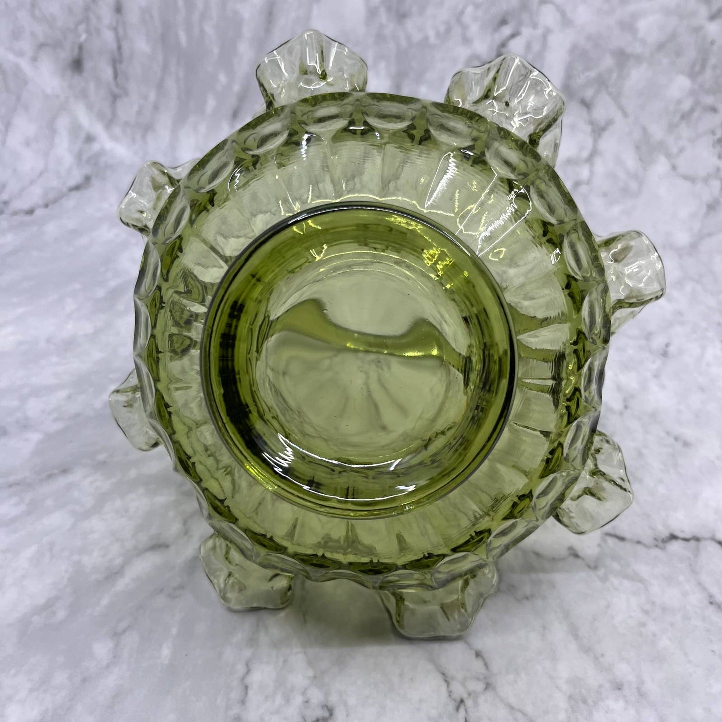 Vintage FENTON Colonial Green Glass 8" Basket Ruffled Edge Thumbprint Design TA2